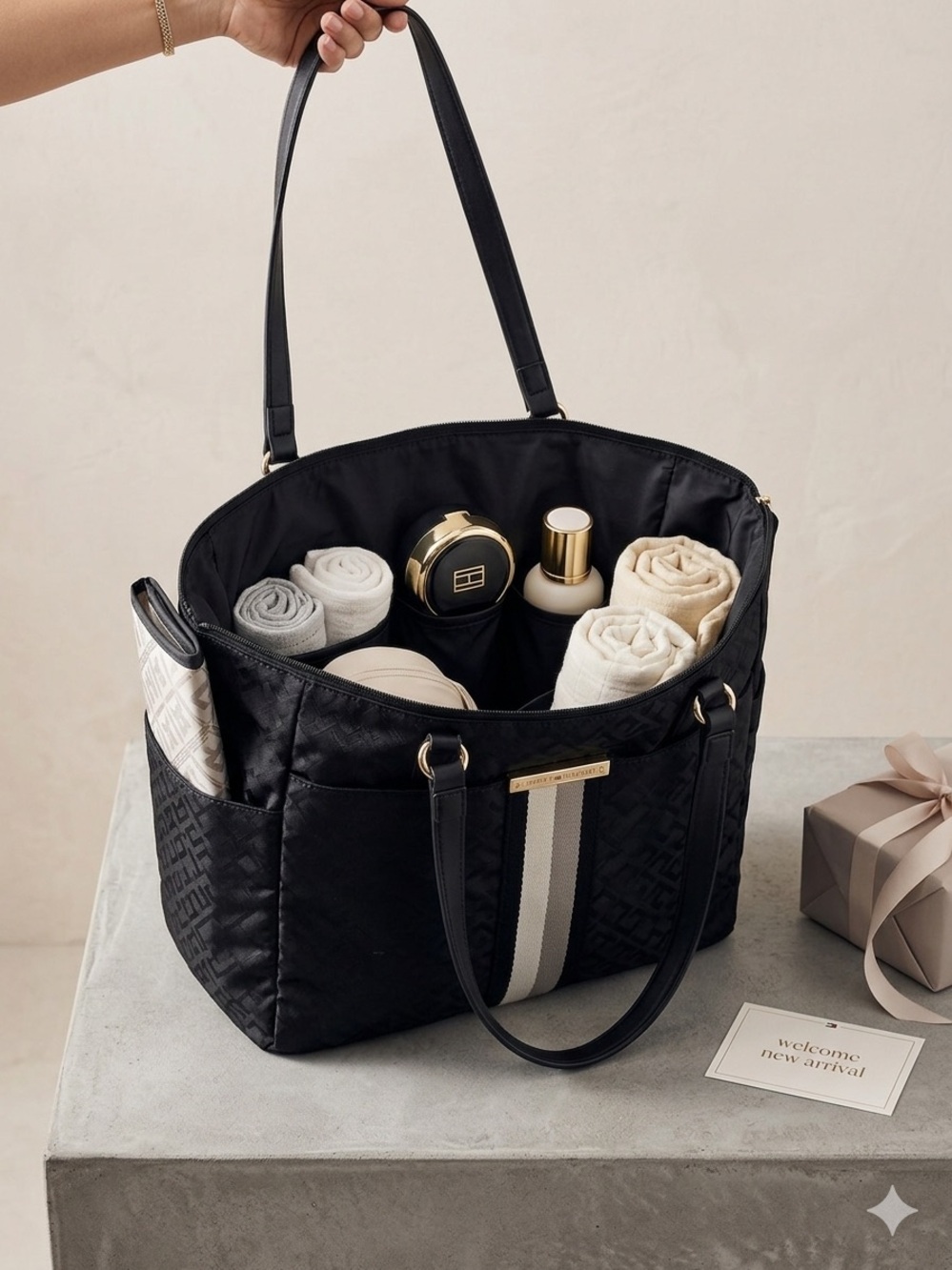 Tommy Hilfiger Black Tote with Center Stripe